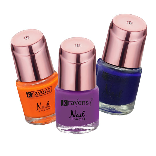 Krayons Crazy Gel Nail Enamel, Waterproof, Longlasting, 8ml Each, Multicolor, Pack of 3 (Neon Orange, Deep Blue, True Purple)