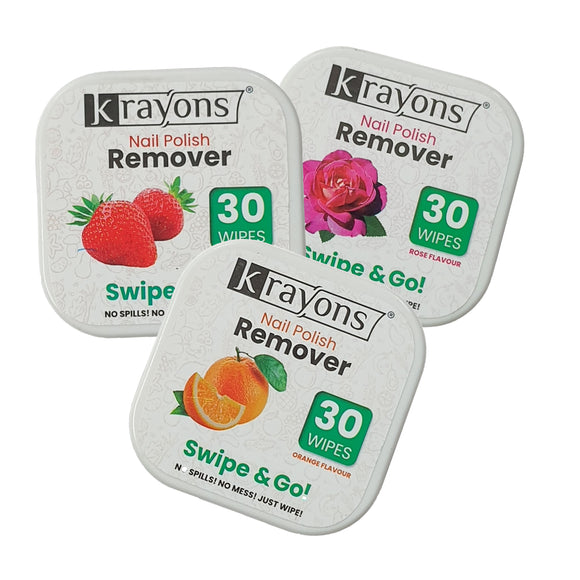 Krayons Nail Polish Remover Wipes, 30 Pads Each, Pack of 3 (Orange, Strawberry & Rose)