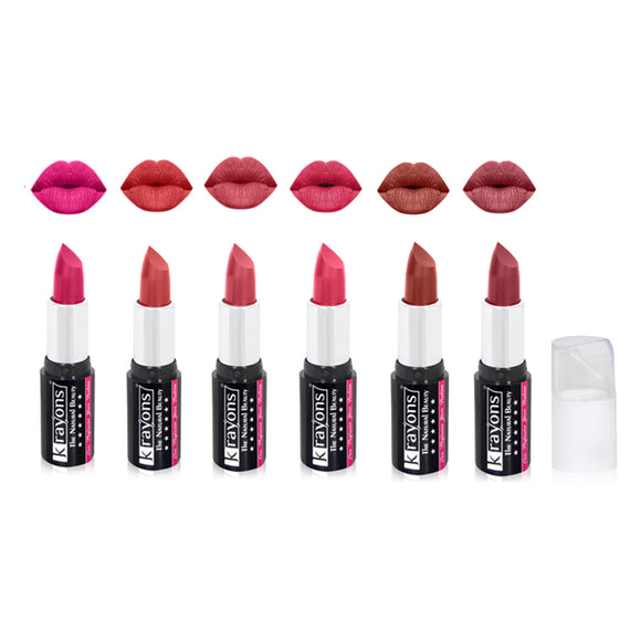 Krayons White Secret Moisturizing Matte lipstick, Waterproof, Long lasting, Pink Rouge, Indian Red, Rust Pink, Pink Flower, Brick Brown, Haze Nude, 4gm Each, Combo (Pack of 6)