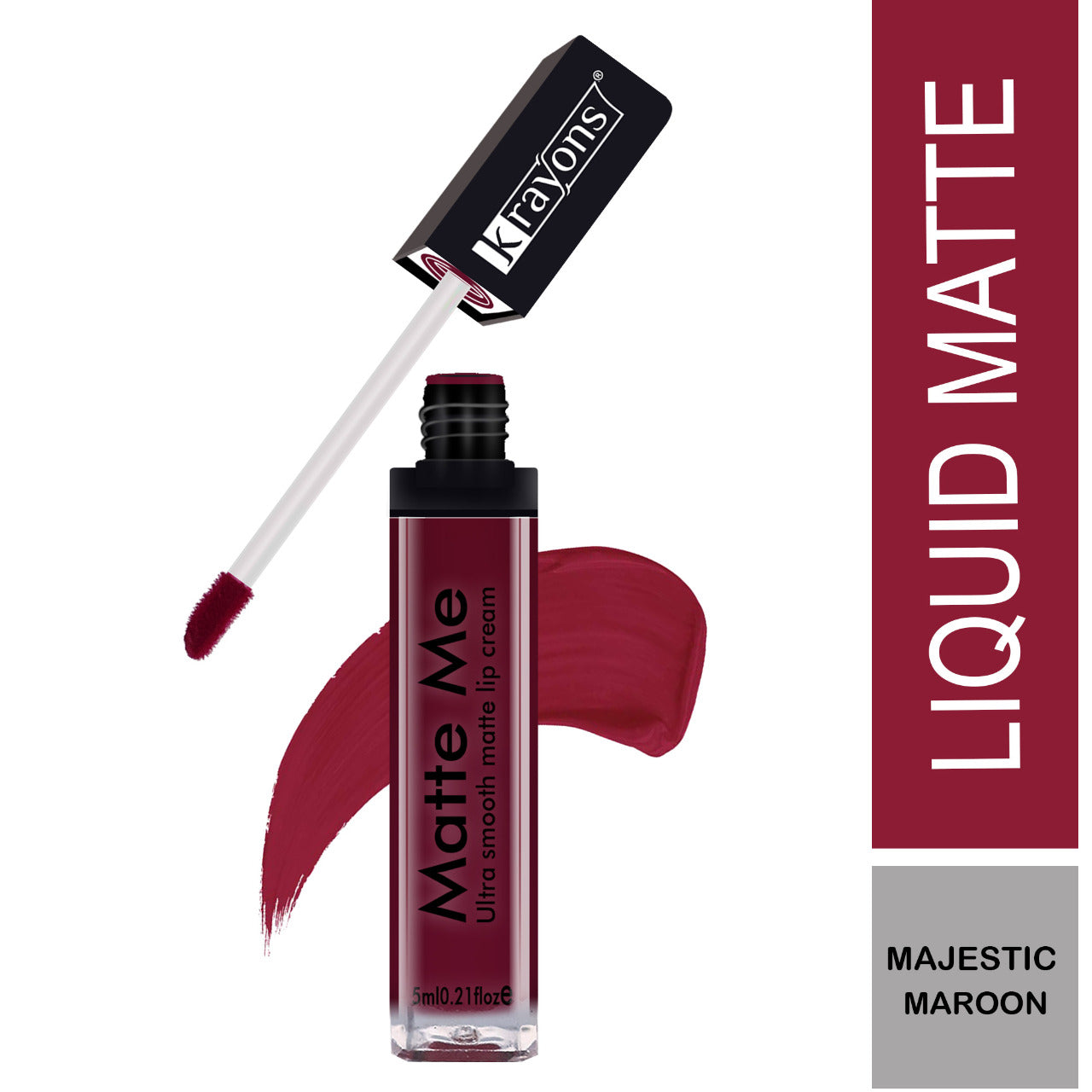 Krayons Matte Me Ultra Smooth Matte Liquid Lip Color, Mask Proof, Waterproof, Longlasting, 5ml (Majestic Maroon)